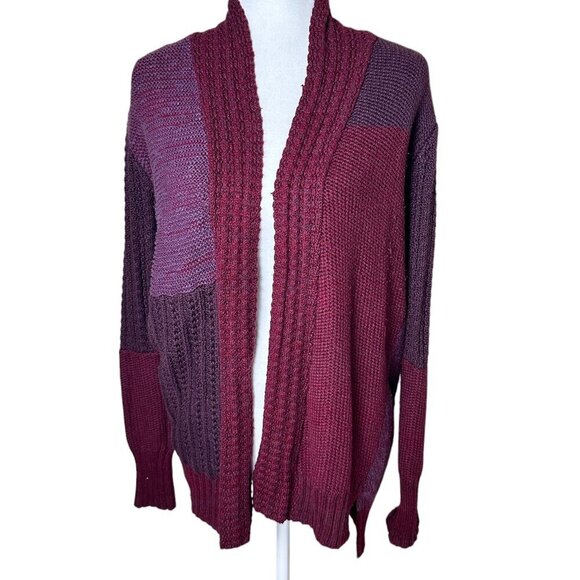 URBAN OUTFITTERS Ecote Patchwork Maroon Open Drap Cardigan Sweater Size Medium - Picture 1 of 9